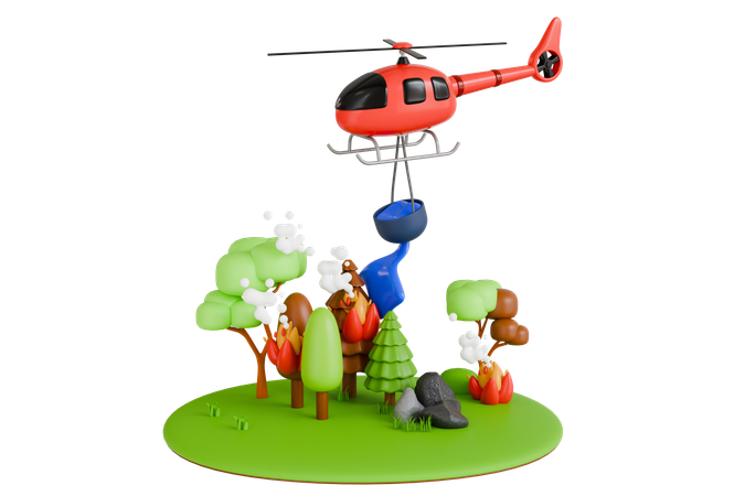 Helicopter Extinguishing A Burning Forest Fire  3D Illustration