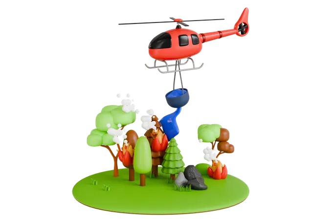 Helicopter Extinguishing A Burning Forest Fire  3D Illustration