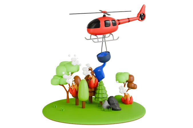 Helicóptero extinguindo um incêndio florestal em chamas  3D Illustration