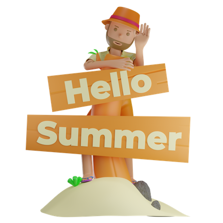 Hello Summer Signboard  3D Illustration