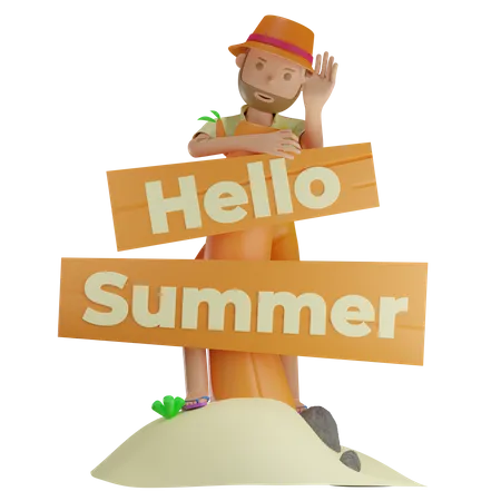 Hello Summer Signboard  3D Illustration