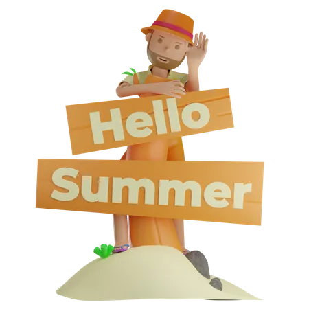 Hello Summer Signboard 3D Illustration
