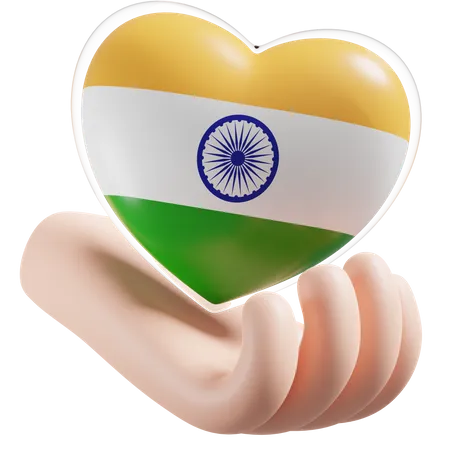 Herz, Hand, Pflege, Flagge, Von, Indien  3D Icon