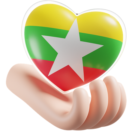 Herz, Hand, Pflege, Flagge, Von, Myanmar  3D Icon