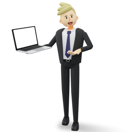 Un homme d'affaires heureux présente son projet sur un ordinateur portable  3D Illustration