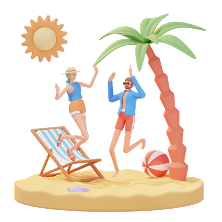 Heureux homme et femme profitant des vacances d'été à la plage  3D Illustration