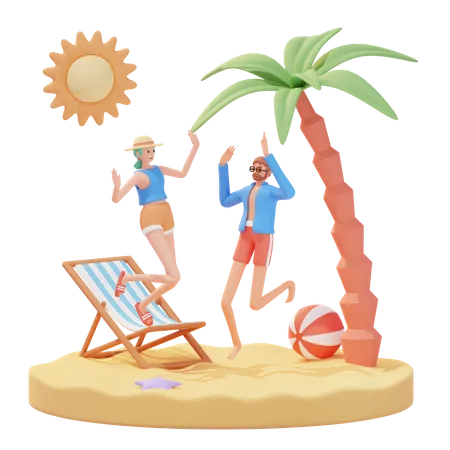 Heureux homme et femme profitant des vacances d'été à la plage  3D Illustration