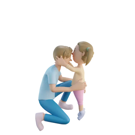 Hija besando a padre en la frente  3D Illustration