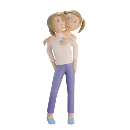 Hija cabalgando sobre la espalda de su madre.  3D Icon