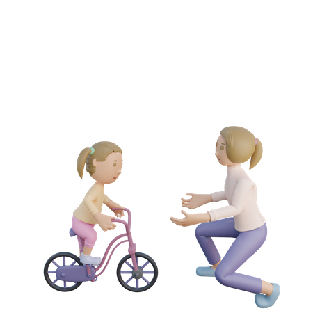 Hija montando en bicicleta mientras la madre mira  3D Icon