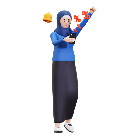 Chica Hijab recibiendo notificación de descuento  3D Illustration