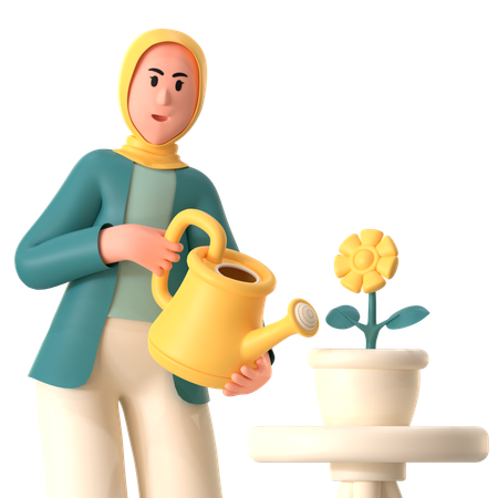 Fille Hijab Arrosant Un Pot De Fleur  3D Illustration