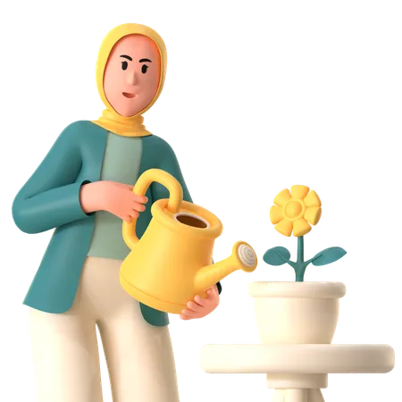 Fille Hijab Arrosant Un Pot De Fleur  3D Illustration