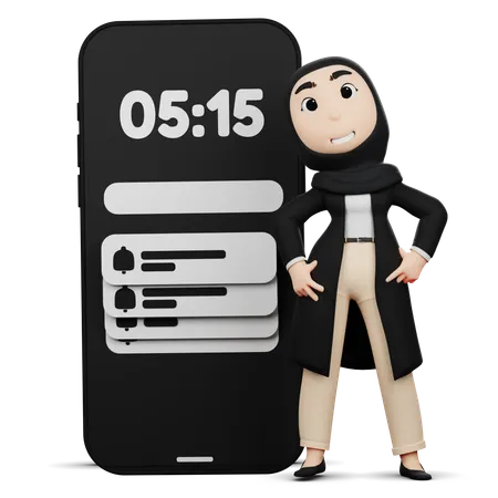 Hijab-Frau schaut auf Timer  3D Illustration