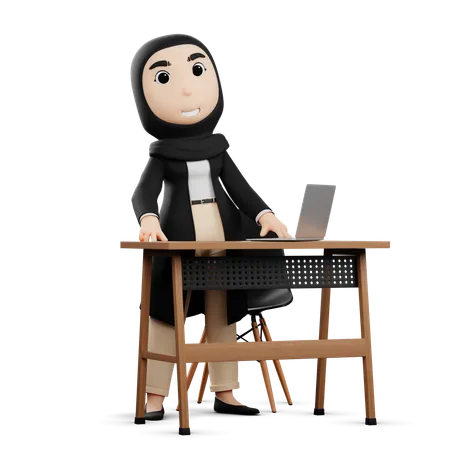 Hijab-Frau steht während der Arbeit am Laptop  3D Illustration