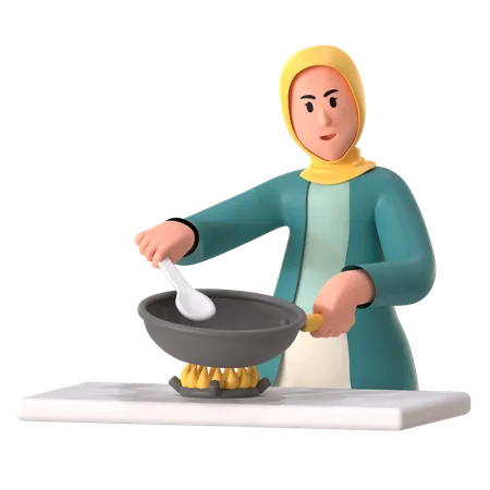 Hijab Girl Cooking  3D Illustration