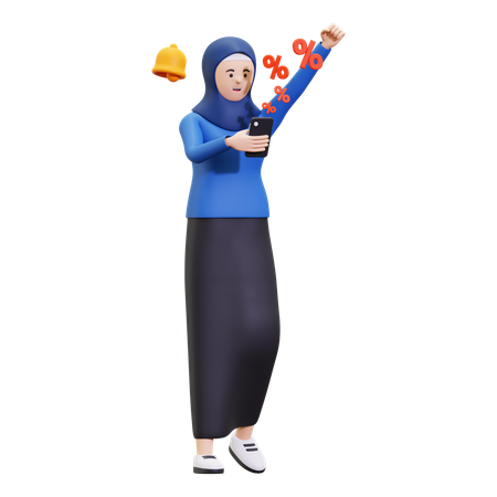 Hijab Girl Getting Discount Notification  3D Illustration