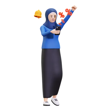 Hijab Girl Getting Discount Notification  3D Illustration