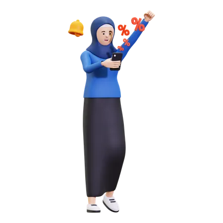 Hijab Girl reçoit une notification de réduction  3D Illustration