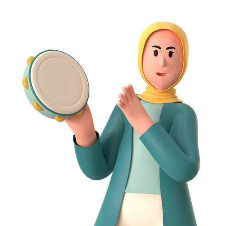 Hijab Girl Playing Tambourine  3D Illustration