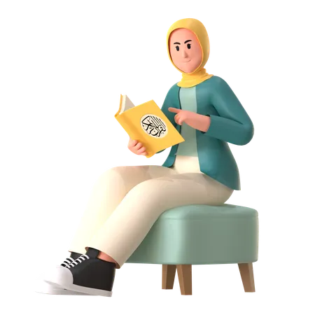 Hijab Girl Reading Al Quran  3D Illustration