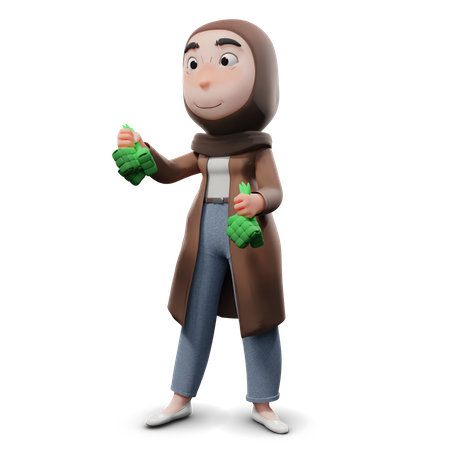 Hijab Girl Sharing Ketupat  3D Icon