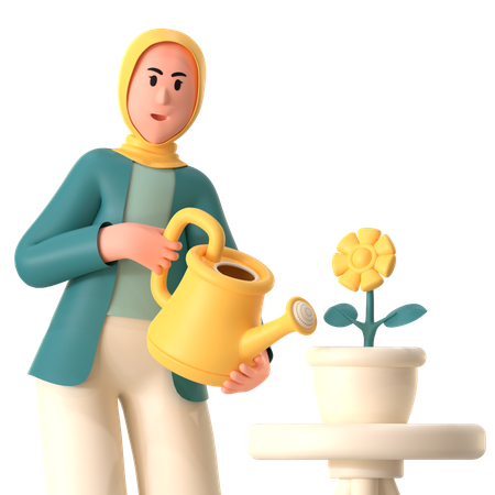 Hijab Girl Watering Flower Pot  3D Illustration
