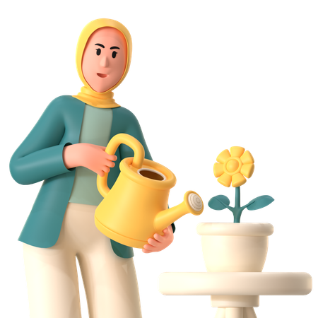 Hijab Girl Watering Flower Pot  3D Illustration