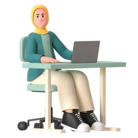 Hijab Girl Working Laptop  3D Illustration