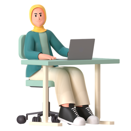 Hijab Girl Working Laptop  3D Illustration