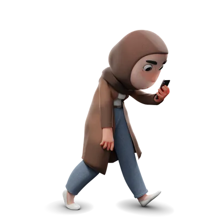 Madchen Mit Hijab Geht Spazieren Und Schaut Aufs Telefon Vielleicht Eine Neue Geschichte 3D Illustration