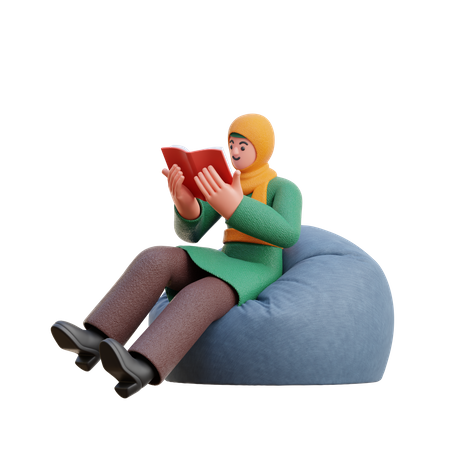 Hijab femenino leyendo un libro mientras está sentado en una bolsa de frijoles  3D Illustration