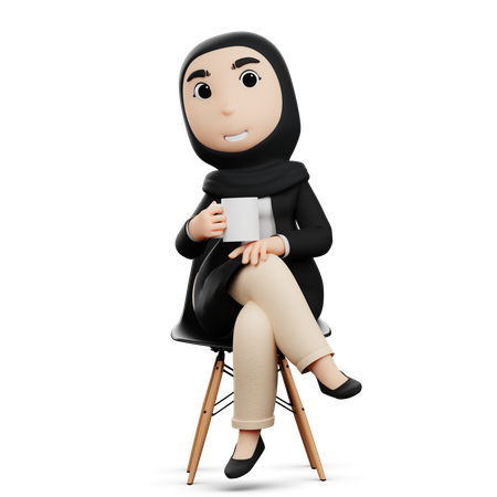 Mujer Hijab tomando un descanso para tomar café  3D Illustration