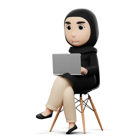 Mulher hijab trabalhando no laptop  3D Illustration