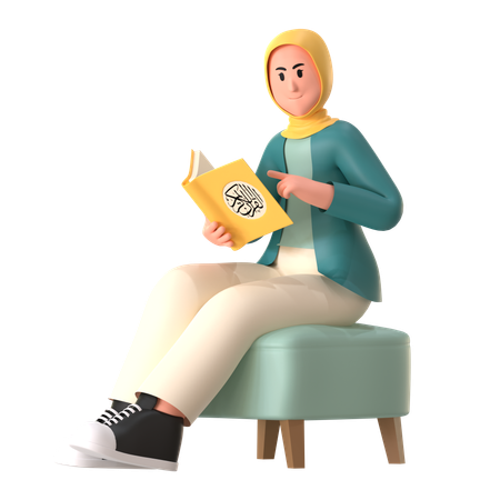 Chica hijab leyendo el Corán  3D Illustration