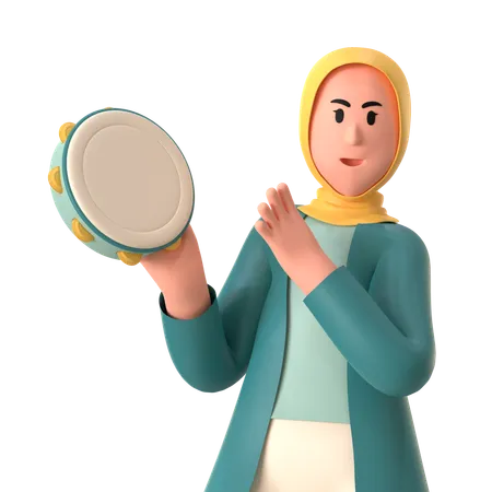 Niña Hijab Tocando Pandereta  3D Illustration