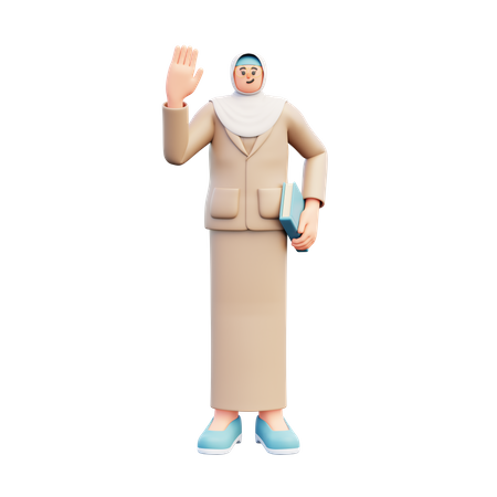 Professeur De Hijab Tenant Un Livre Tout En Agitant La Main  3D Illustration