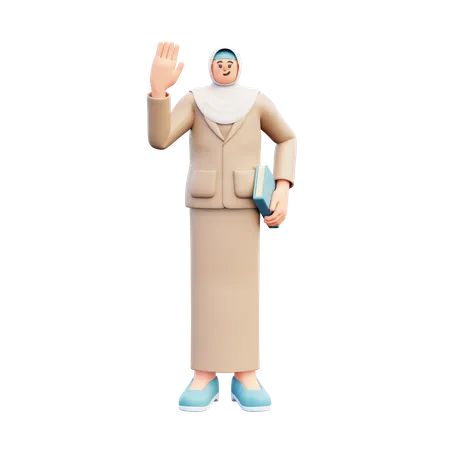 Hijab Teacher Holding Book While Waving Hand  3D Illustration