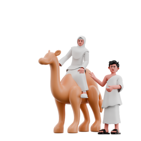 ヒジャブの女性とラクダに乗るイスラム教徒の男性  3D Illustration