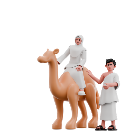 Hijab Woman And Muslim Man With Camel  3D Illustration
