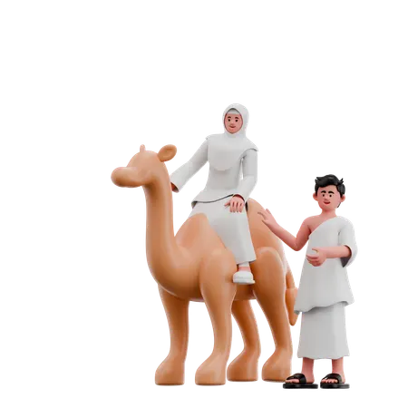 Hijab Woman And Muslim Man With Camel  3D Illustration