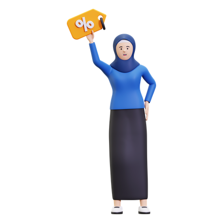 Hijab Woman Holding Discount Tag  3D Illustration