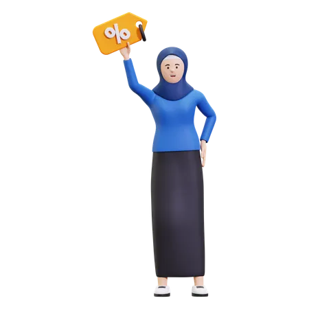 Hijab Woman Holding Discount Tag  3D Illustration