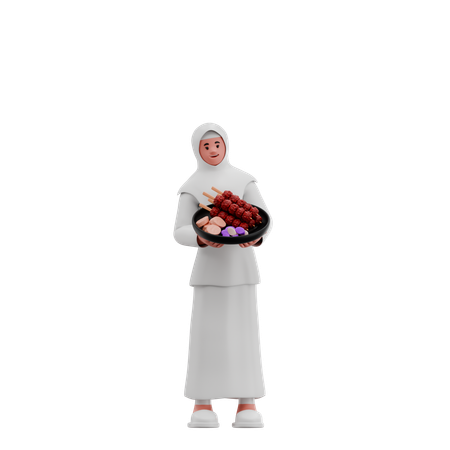 Hijab Woman Share Satay  3D Illustration