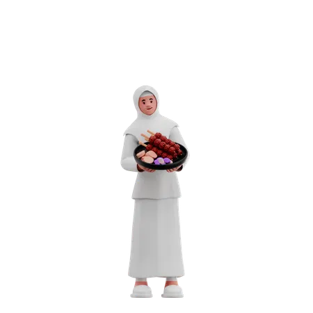 Hijab Woman Share Satay  3D Illustration