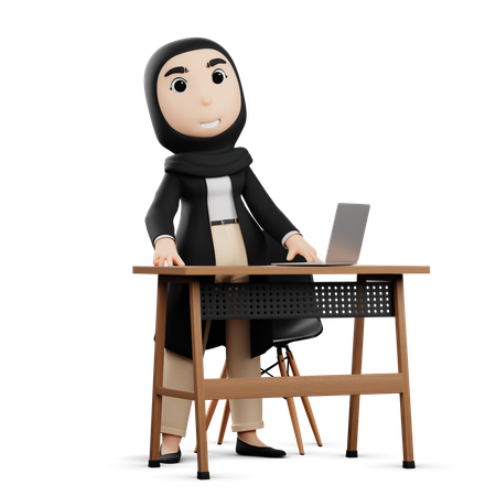 Hijab Woman Standing While Working On Laptop  3D Illustration