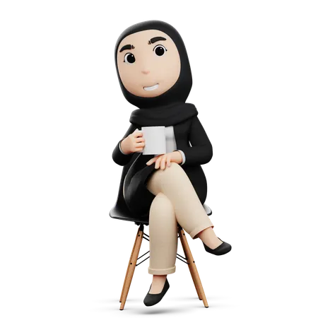 Hijab Woman Taking Coffee Break  3D Illustration