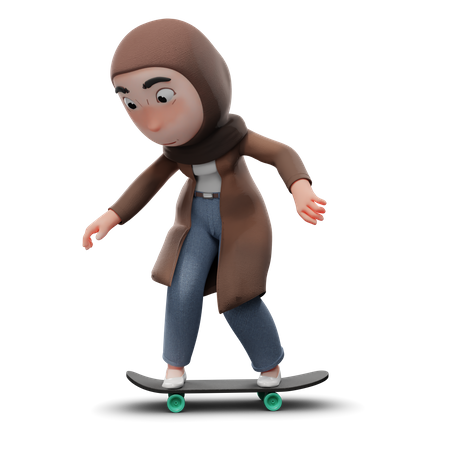 Hijabs Woman Doing Skating  3D Illustration