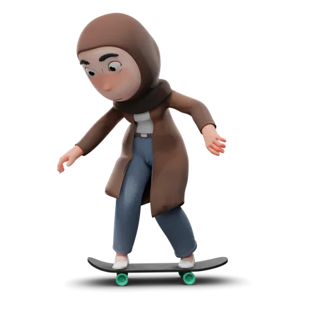 Hijabs Woman Doing Skating  3D Illustration