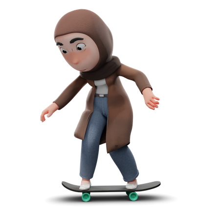 Hijabs Woman Doing Skating 3D Illustration